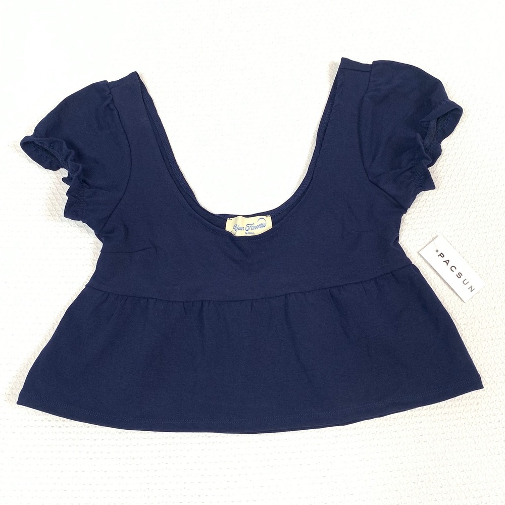 PacSun Your Favorite Navy Blue Babydoll Crop Top Puff Sleeve XXS NWT